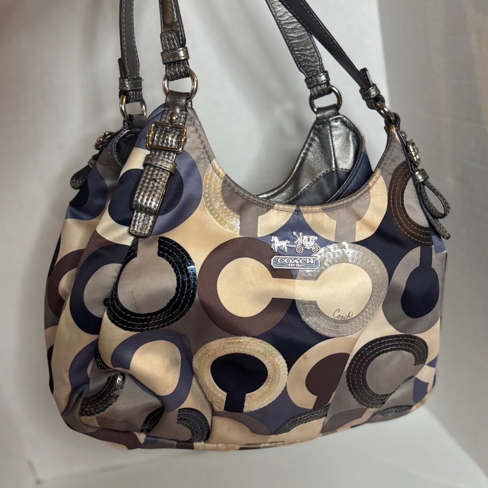 Coach Madison Op Art Sequin Maggie Shoulder Bag Metallic Leather Multicolor C